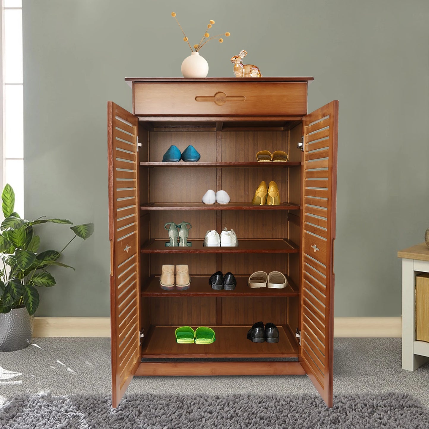 5-Tier Bamboo Shoe Rack w/ Drawer & Doors - Retro Entryway Storage Organizer Cabinet - Solid Wood Shoe Shelf for Hallway Closet
