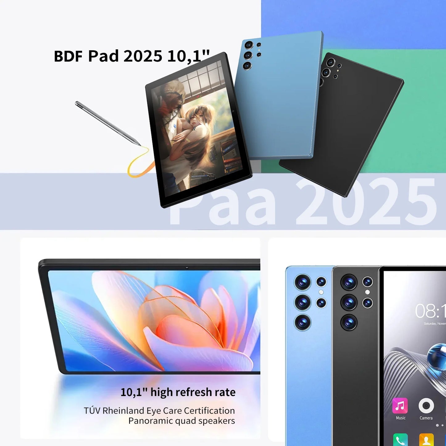 2025 New Upgraded Pad 10.1 Inch Android Tablet HD Display Octa Core 4GB RAM 64GB ROM Dual Phone Call WiFi Google Play Tablet PC