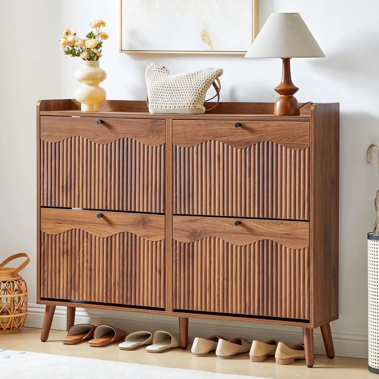 31.5” Fluted Shoe Storage Cabinet with 2 Flip Drawers,Narrow Shoe Storage Organizer Rack with Wave Door for, Customized