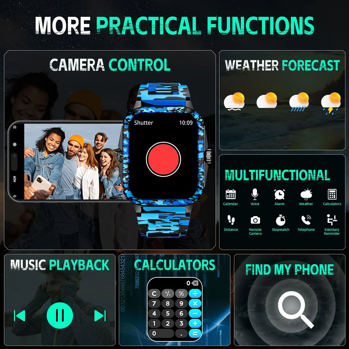 LaNikar Smart Watch 3ATM Waterproof Men 1.96" KT71 Fitness Tracker Heart Rate Bluetooth Call Camouflage Color Original Design