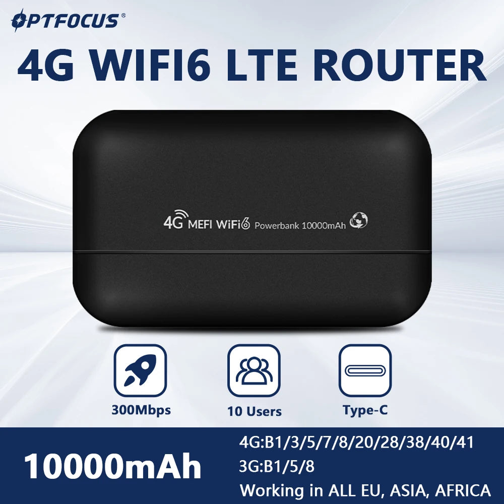 OPTFOCUS 4G WIFI LTE Router 300Mbps MIFI WIFI6 Modem Simcard Router 10000mAh Power Bank Wireless Hotspot Sim Pocket Router