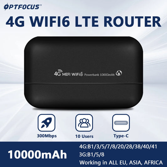 OPTFOCUS 4G WIFI LTE Router 300Mbps MIFI WIFI6 Modem Simcard Router 10000mAh Power Bank Wireless Hotspot Sim Pocket Router
