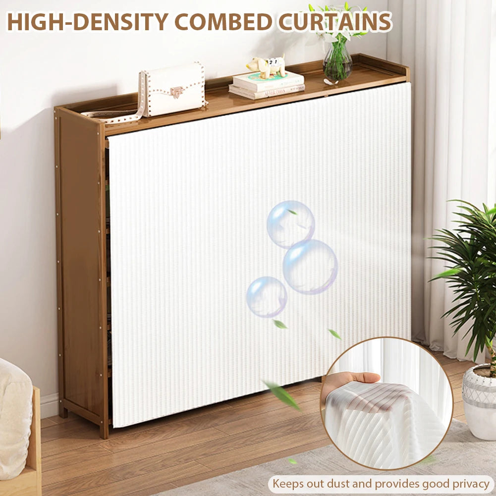 6-Tier Shoe Storage Cabinet Wooden Shoe Rack Shelf Space Saving Multiple-Layers Shoes Organizer Bracket With Dust-Proof Curtain
