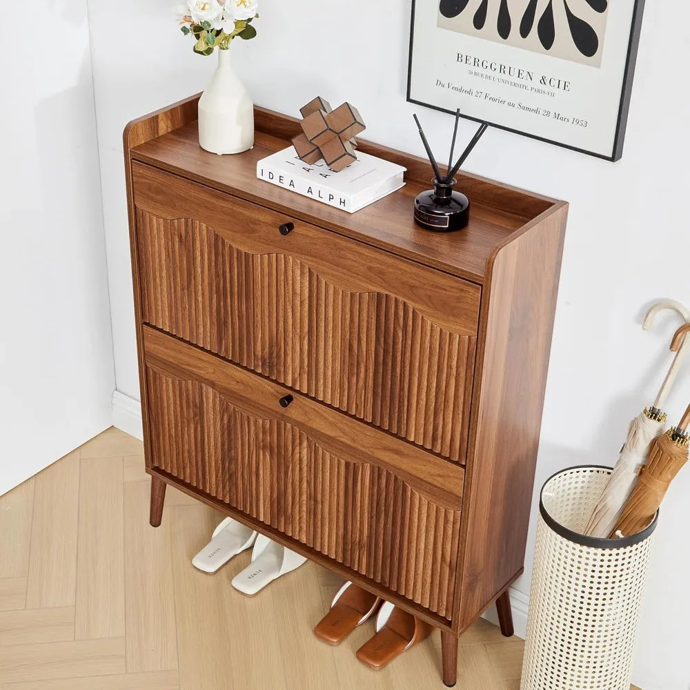 31.5” Fluted Shoe Storage Cabinet with 2 Flip Drawers,Narrow Shoe Storage Organizer Rack with Wave Door for, Customized