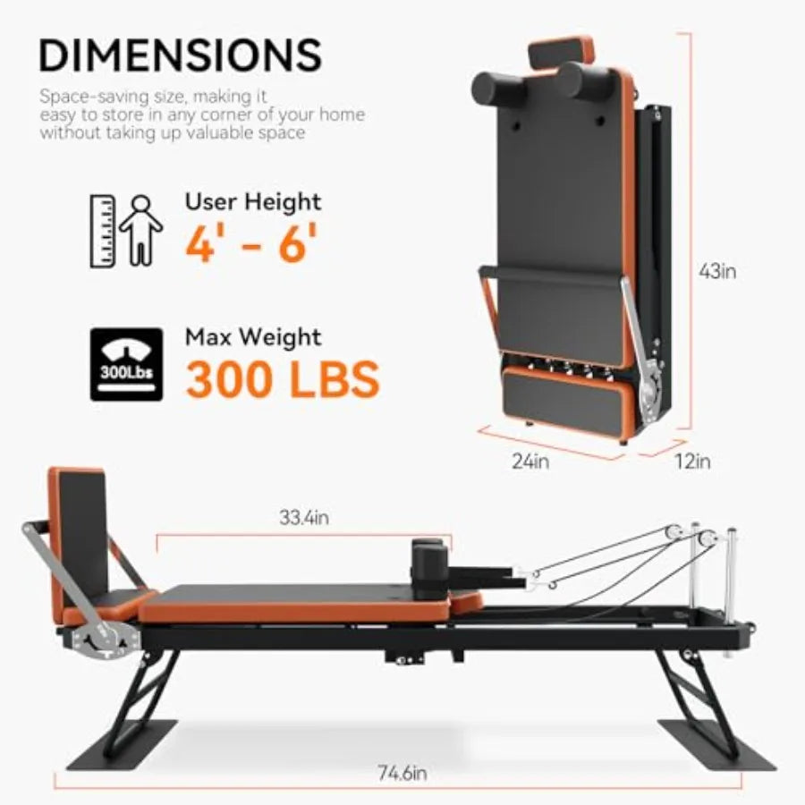 Foldable Pilates Reformer Machine for Home Gym Workout with 4 Springs 5 Cords Black Suitable for Beginners and Advanced Users U