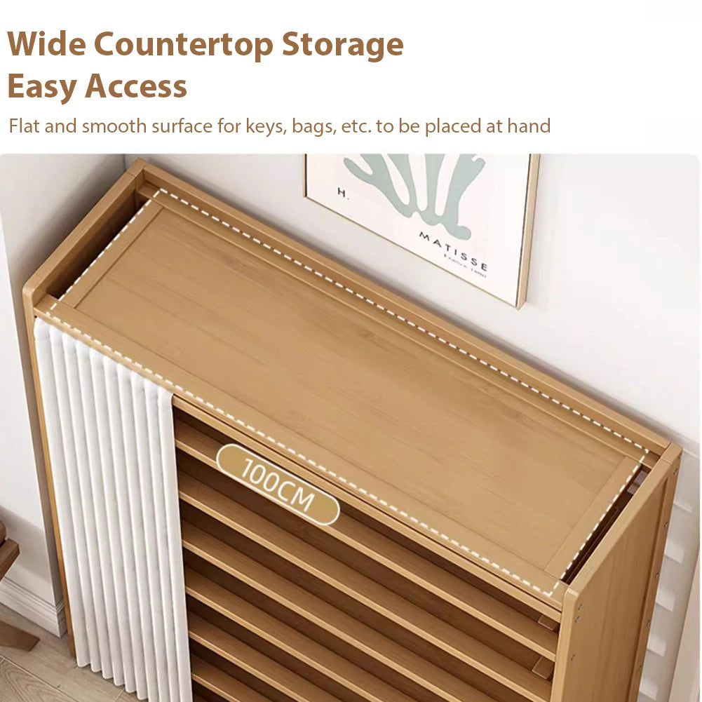 6-Tier Shoe Storage Cabinet Wooden Shoe Rack Shelf Space Saving Multiple-Layers Shoes Organizer Bracket With Dust-Proof Curtain